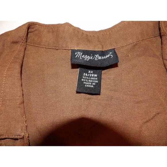 Maggie Barnes 3X 26/28 Shirt Blouse Top Linen Brown Button Up Casual Embroidered - Picture 3 of 11